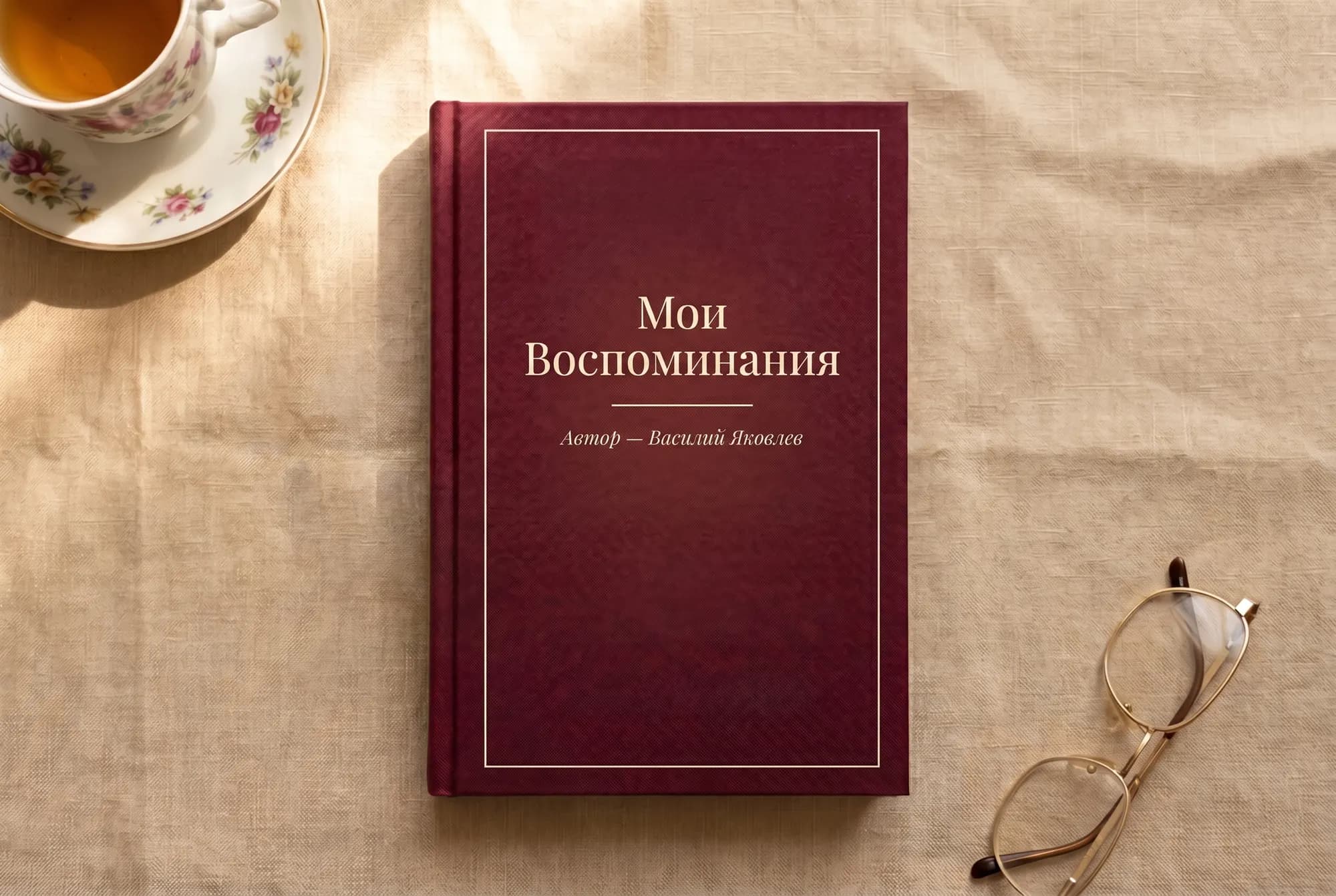 Книга воспоминаний «Мои Воспоминания» на льне с чашкой чая
